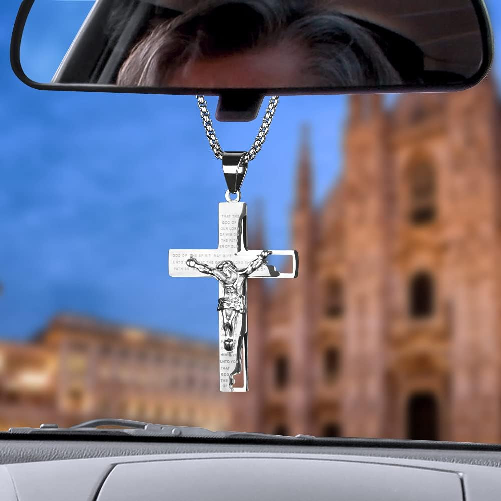 Cross Pendant Charm for Car Rearview Mirror Hanging Accessories Ornament Truck Jesus Crucifix Cross Necklace Stainless Steel Lord'S Prayer Necklace with Bible Verse (Silver)