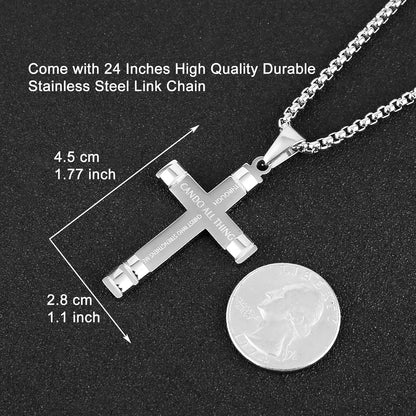 Philippians 4:13 Cross Pendant STRENGTH Bible Verse Stainless Steel Necklace 3 Colors Available