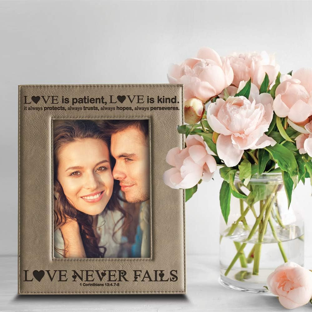 -Love Never Fails-1 Corinthians (Bible Verse)-Anniversary for Her,Him-Valentines Day- Engraved Leather Picture Frame (4 X 6 Vertical)