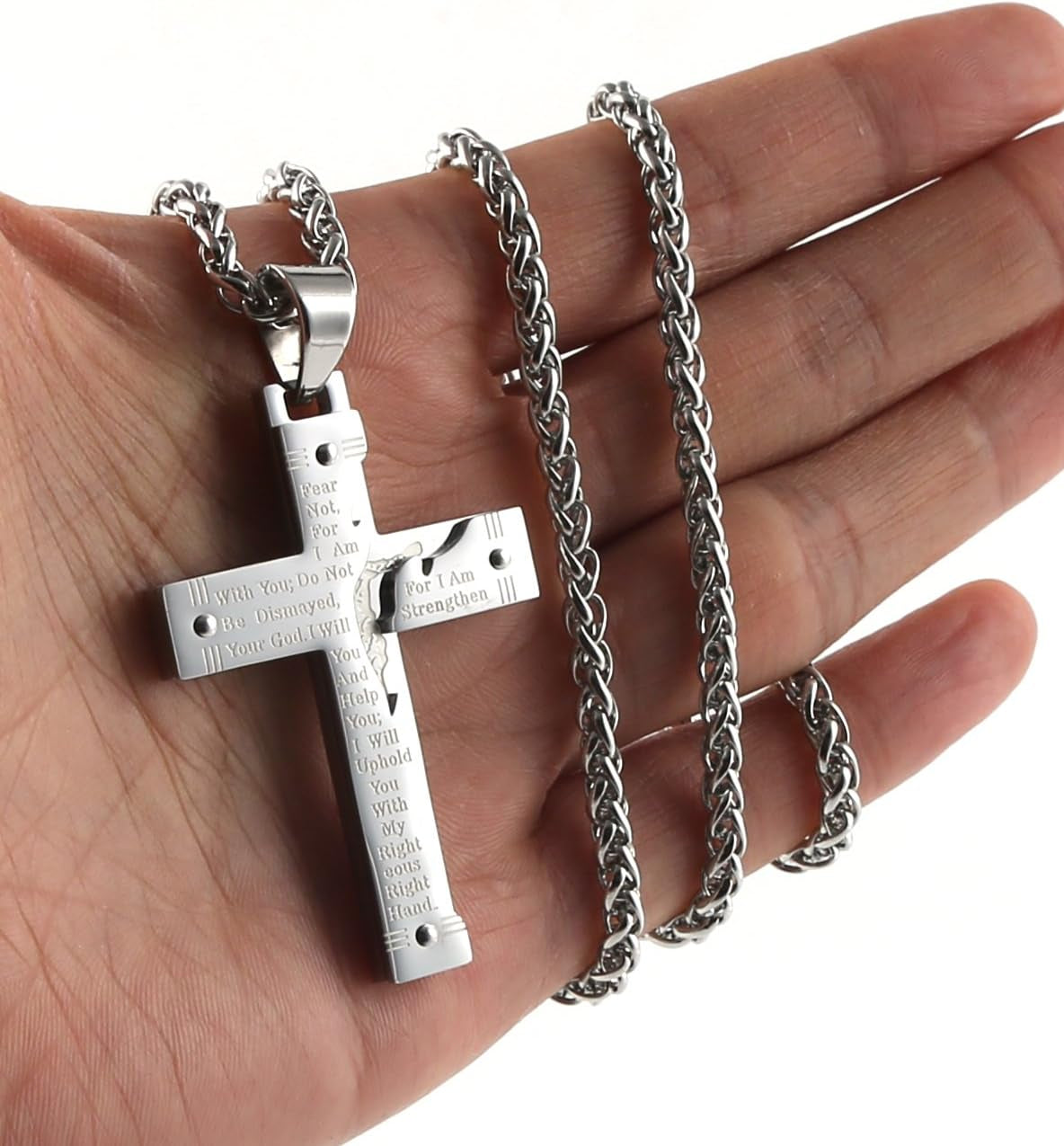 Men'S Stainless Steel Jesus Christ Crucifix Cross Lord'S Prayer Pendant Necklace