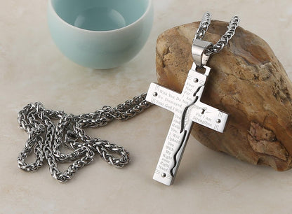 Men'S Stainless Steel Jesus Christ Crucifix Cross Lord'S Prayer Pendant Necklace