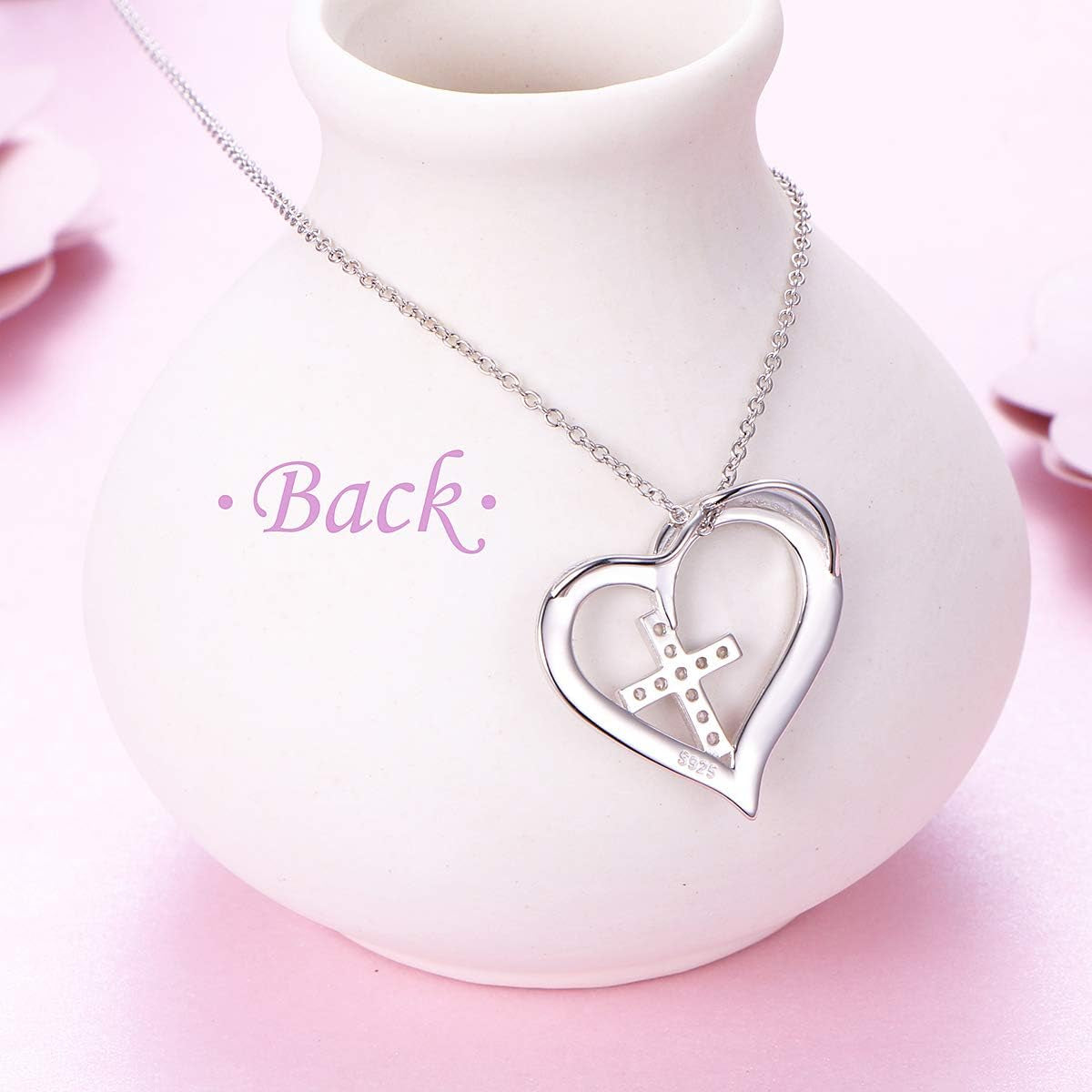 S925 Sterling Silver Christian Cross Heart Inspirational Faith Bible Verse Necklace & Rinags for Women Teen Jewelry