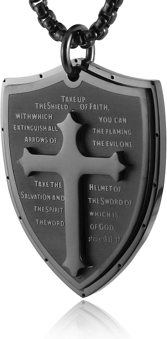 Shield Armor of God Ephesians 6:16-17, Faith Cross Stainless Steel Pendant Necklace