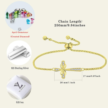 Cross Bracelet 925 Sterling Silver Infinity Sideways Link Bracelet Birthstone Jewelry for Women