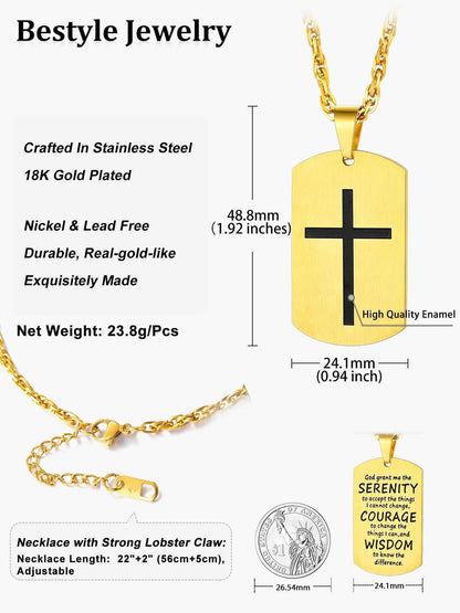 Gold Dog Tag Necklace Military Tag Cross Christian Religious Jewelry Bible Verse Inspirational Gift for Husband Father Son