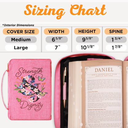 Polyester Canvas Bible Cover for Women W/Zippered Pocket & Pen Storage: Strength & Dignity - Proverbs 31:25 Inspirational Bible Verse Carry Case, Pink Butterfly Floral, Large