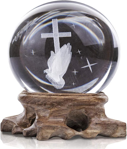 3D Cross Ball Crystal Paperweight Full Sphere Glass Fengshui with Woonden Base Praying Religious Gifts for Women, Christian Gifts for Friend Home Decorations(60Mm)