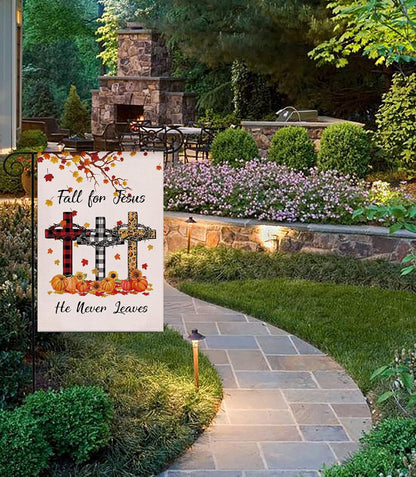 Fall for Jesus He Never Leaves Garden Flag Vertical Double Sided, Pumpkin Maple Leaf Bible Buffalo Autumn Harvest Thanksgiving Holiday Burlap Yard Lawn Patio Outdoor Décor 12.5 X 18 Inch