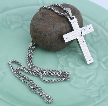 Men'S Stainless Steel Jesus Christ Crucifix Cross Lord'S Prayer Pendant Necklace