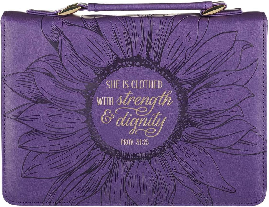 Women'S Fashion Bible Cover Strength and Dignity Proverbs 31:25, Purple/Gold Sunflower Faux Leather, Medium