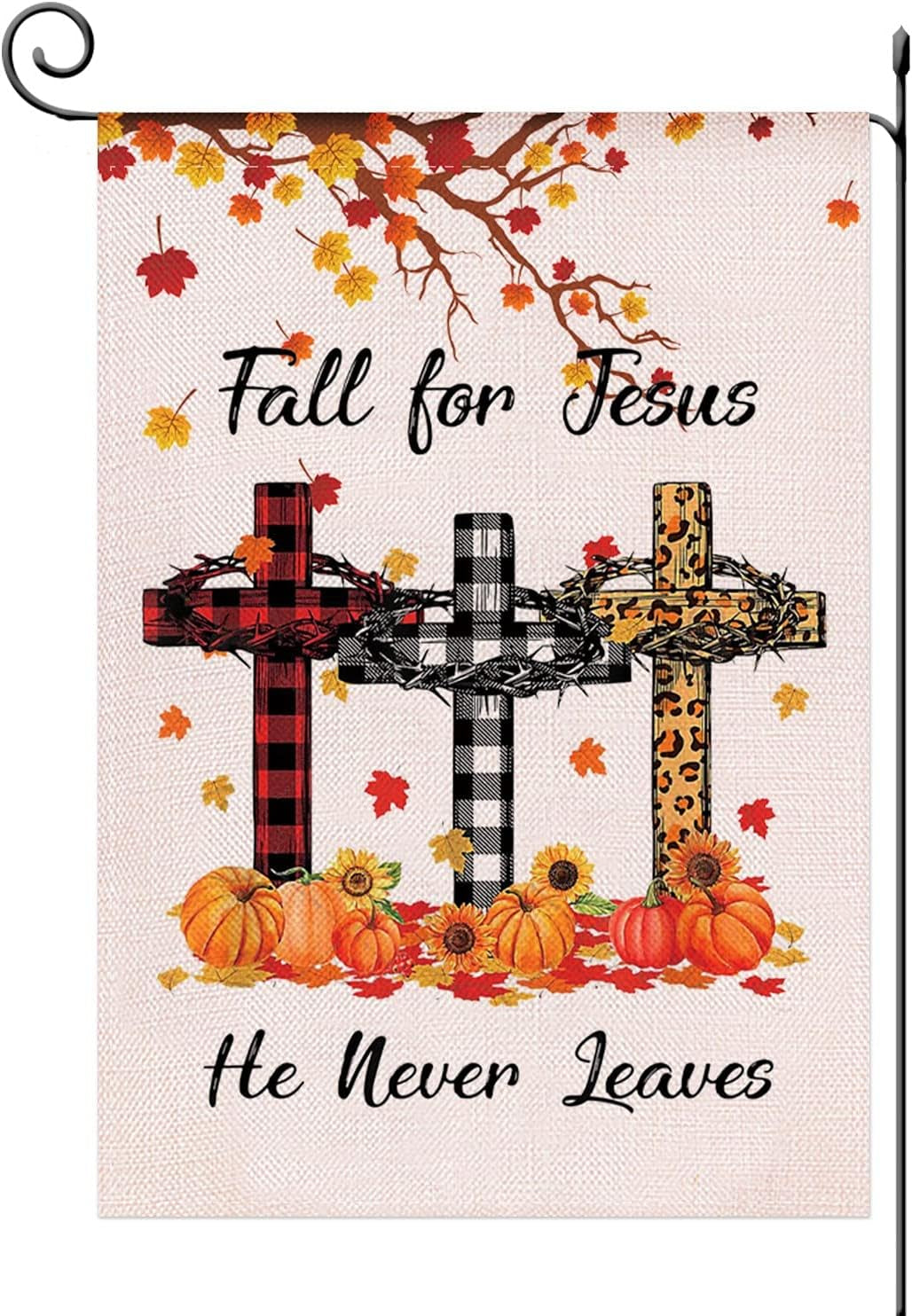 Fall for Jesus He Never Leaves Garden Flag Vertical Double Sided, Pumpkin Maple Leaf Bible Buffalo Autumn Harvest Thanksgiving Holiday Burlap Yard Lawn Patio Outdoor Décor 12.5 X 18 Inch