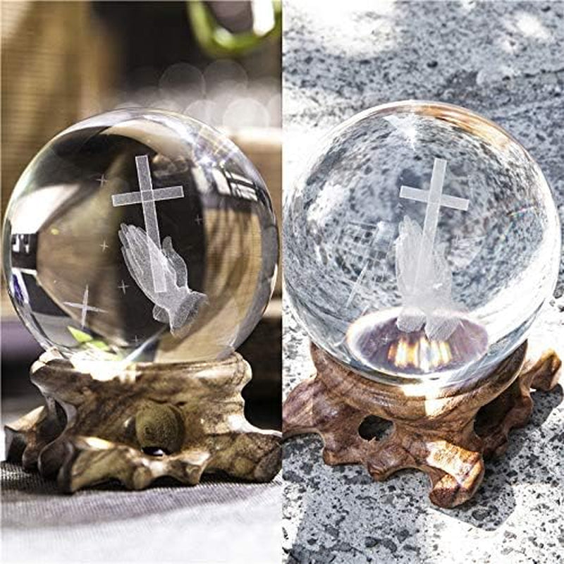 3D Cross Ball Crystal Paperweight Full Sphere Glass Fengshui with Woonden Base Praying Religious Gifts for Women, Christian Gifts for Friend Home Decorations(60Mm)