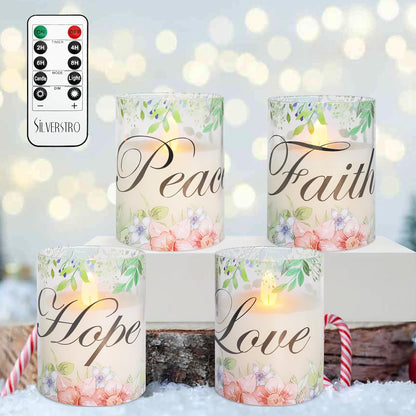 Christmas Flameless Candles Glass Flickering Real Wax Floral LED Candles with Remote - Home Party Room Botanical Xmas Holiday Decor Set of 4