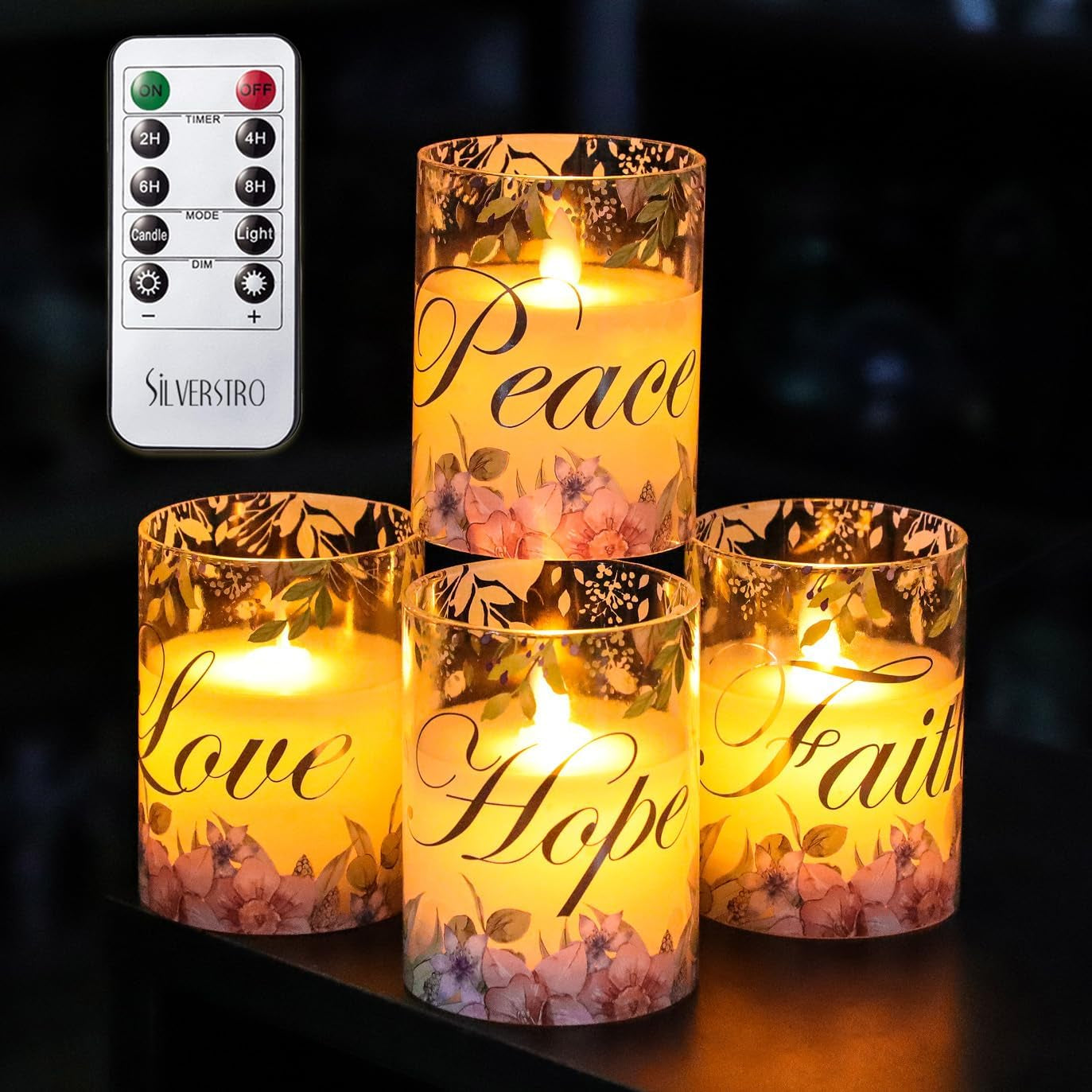 Christmas Flameless Candles Glass Flickering Real Wax Floral LED Candles with Remote - Home Party Room Botanical Xmas Holiday Decor Set of 4