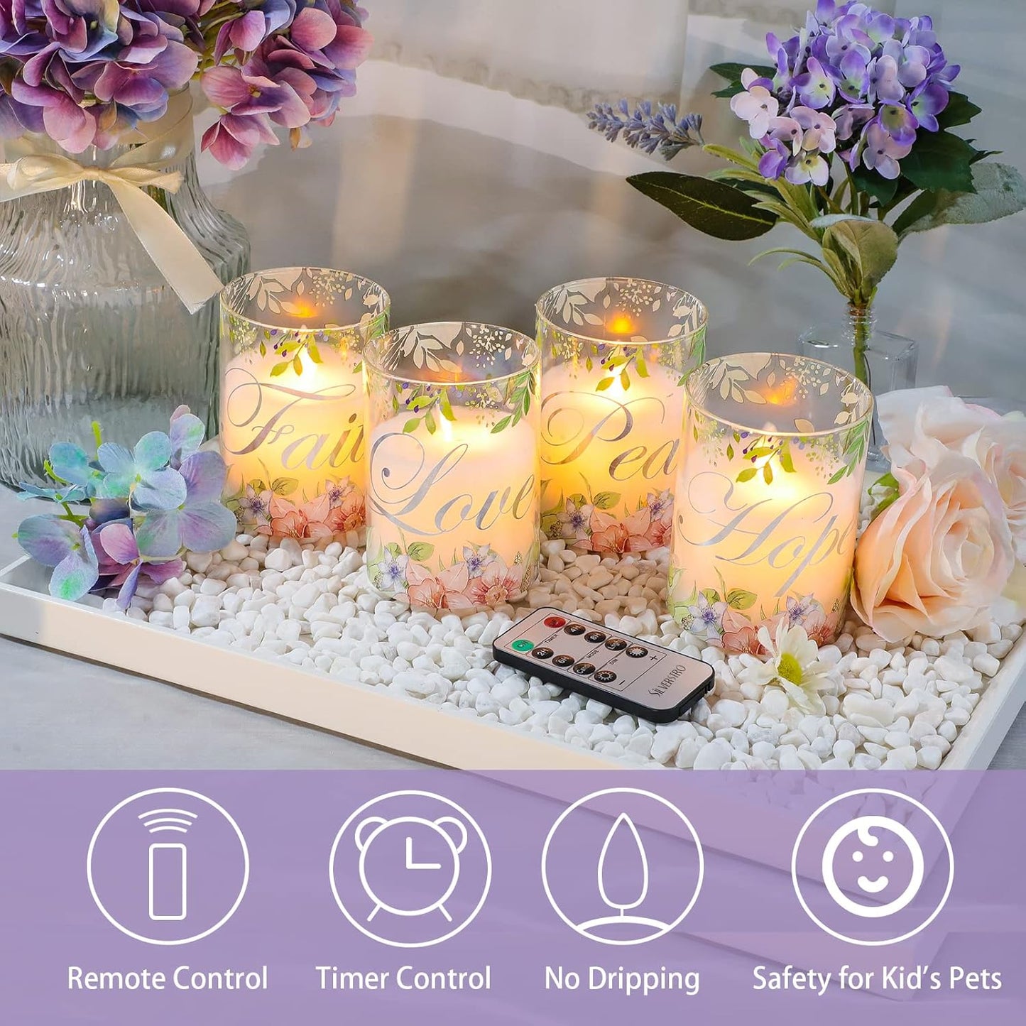 Christmas Flameless Candles Glass Flickering Real Wax Floral LED Candles with Remote - Home Party Room Botanical Xmas Holiday Decor Set of 4