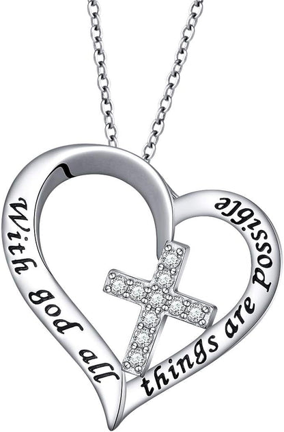 S925 Sterling Silver Christian Cross Heart Inspirational Faith Bible Verse Necklace & Rinags for Women Teen Jewelry