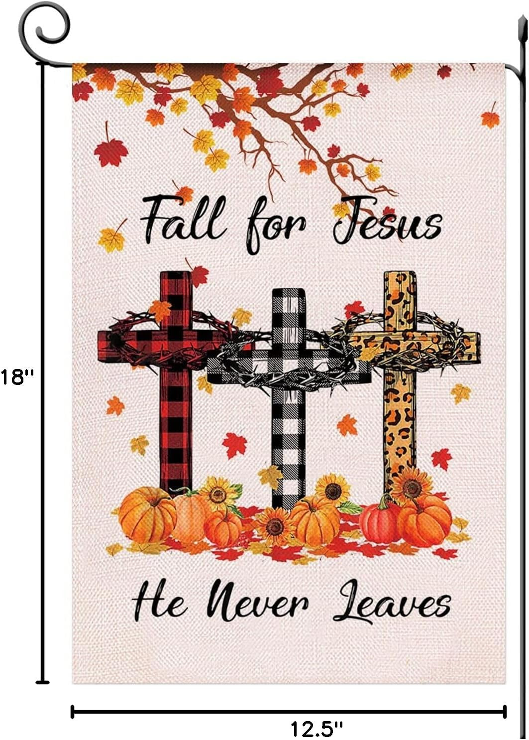 Fall for Jesus He Never Leaves Garden Flag Vertical Double Sided, Pumpkin Maple Leaf Bible Buffalo Autumn Harvest Thanksgiving Holiday Burlap Yard Lawn Patio Outdoor Décor 12.5 X 18 Inch