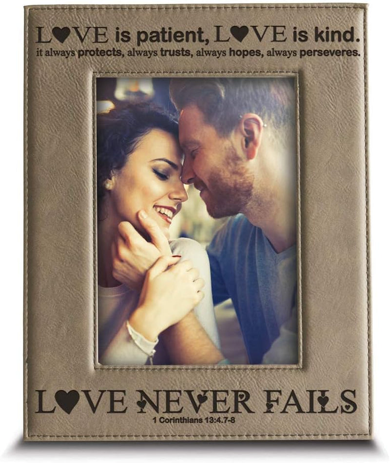 -Love Never Fails-1 Corinthians (Bible Verse)-Anniversary for Her,Him-Valentines Day- Engraved Leather Picture Frame (4 X 6 Vertical)