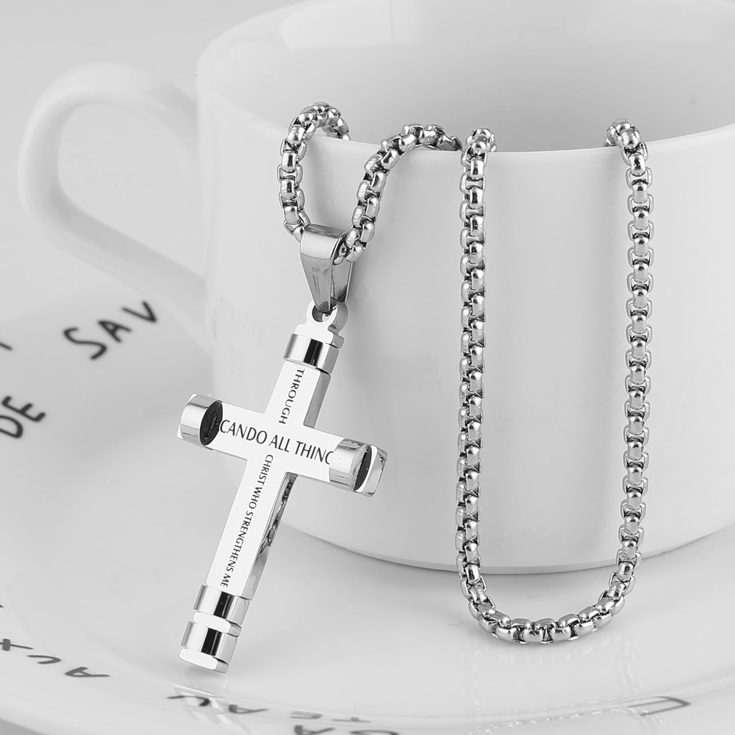 Philippians 4:13 Cross Pendant STRENGTH Bible Verse Stainless Steel Necklace 3 Colors Available