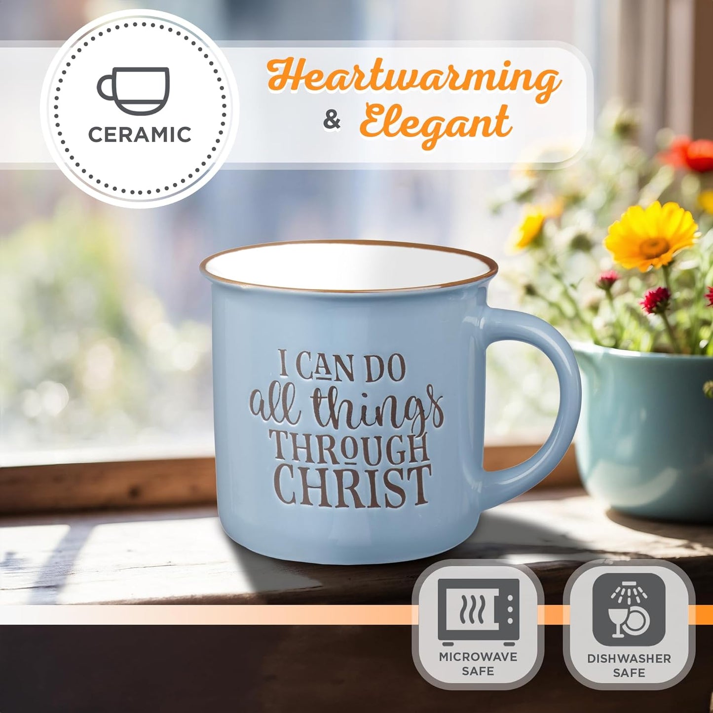 Blue Camp Style Ceramic Coffee Mug – 13 Oz. Microwave and Dishwasher Safe Inspirational Scripture Coffee & Tea Mug with Bible Verse: I Can Do All Things through Christ – Phil. 4:13