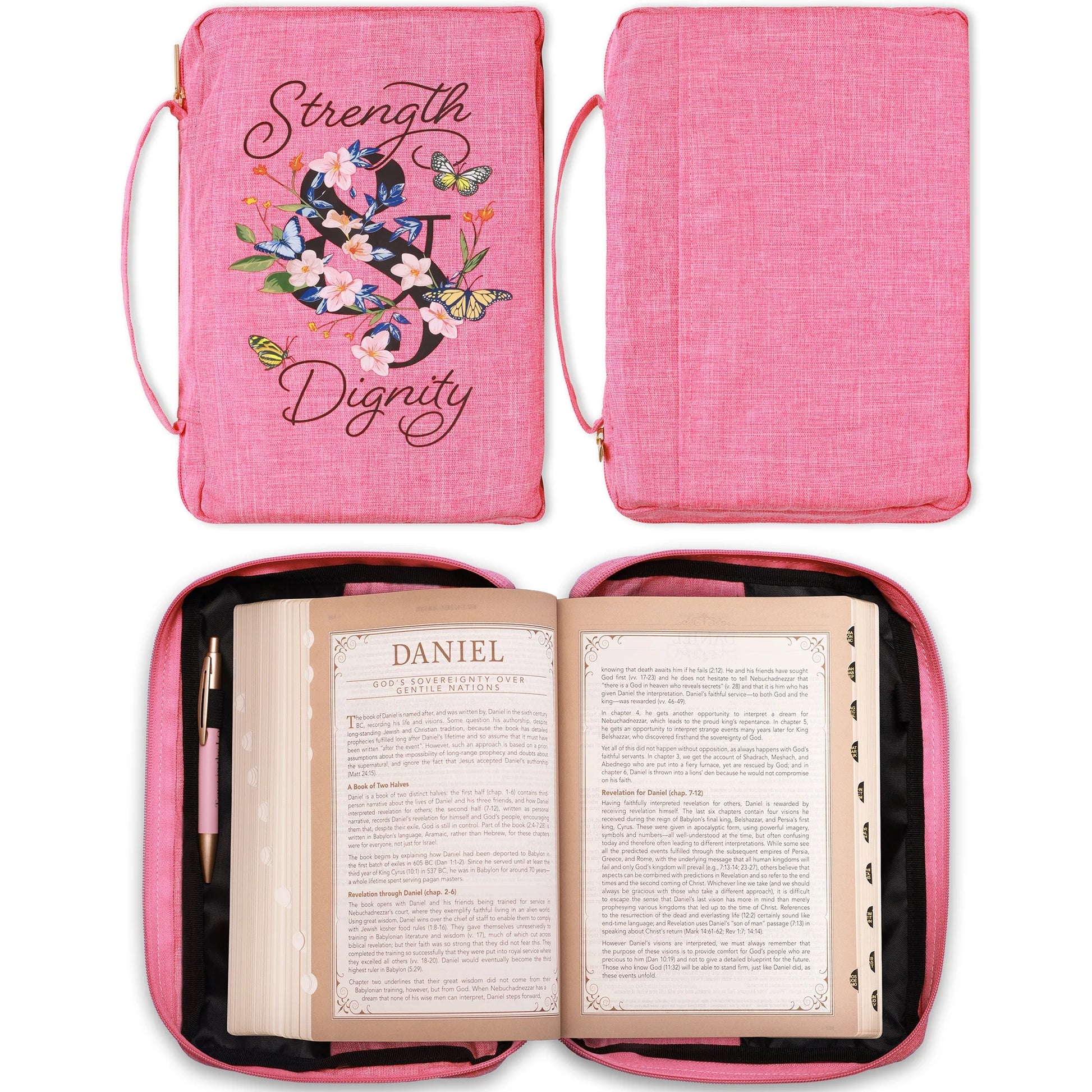 Polyester Canvas Bible Cover for Women W/Zippered Pocket & Pen Storage: Strength & Dignity - Proverbs 31:25 Inspirational Bible Verse Carry Case, Pink Butterfly Floral, Large