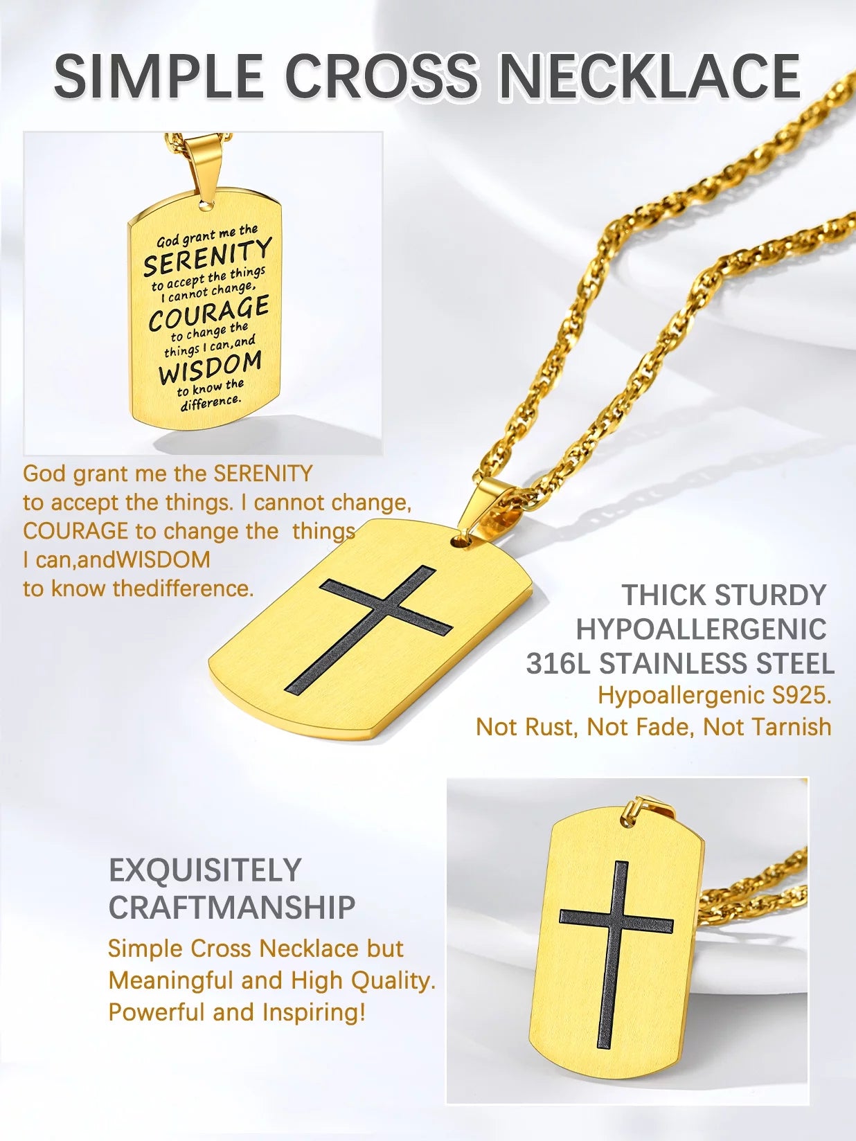 Gold Dog Tag Necklace Military Tag Cross Christian Religious Jewelry Bible Verse Inspirational Gift for Husband Father Son