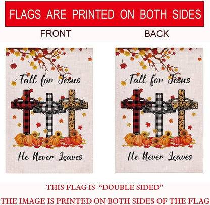 Fall for Jesus He Never Leaves Garden Flag Vertical Double Sided, Pumpkin Maple Leaf Bible Buffalo Autumn Harvest Thanksgiving Holiday Burlap Yard Lawn Patio Outdoor Décor 12.5 X 18 Inch