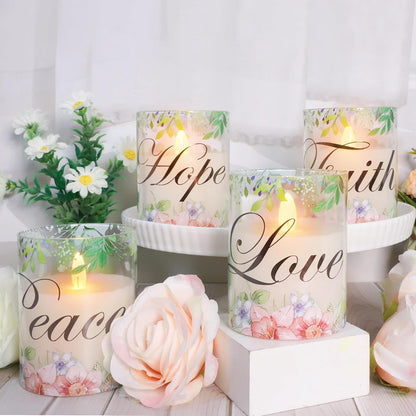 Christmas Flameless Candles Glass Flickering Real Wax Floral LED Candles with Remote - Home Party Room Botanical Xmas Holiday Decor Set of 4