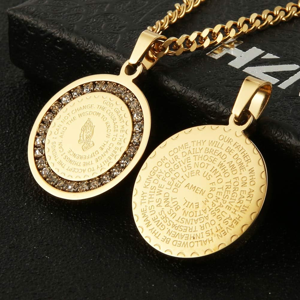 Bible Verse Prayer Necklace Christian Jewelry Gold Stainless Steel Praying Hands Coin Medal Pendant