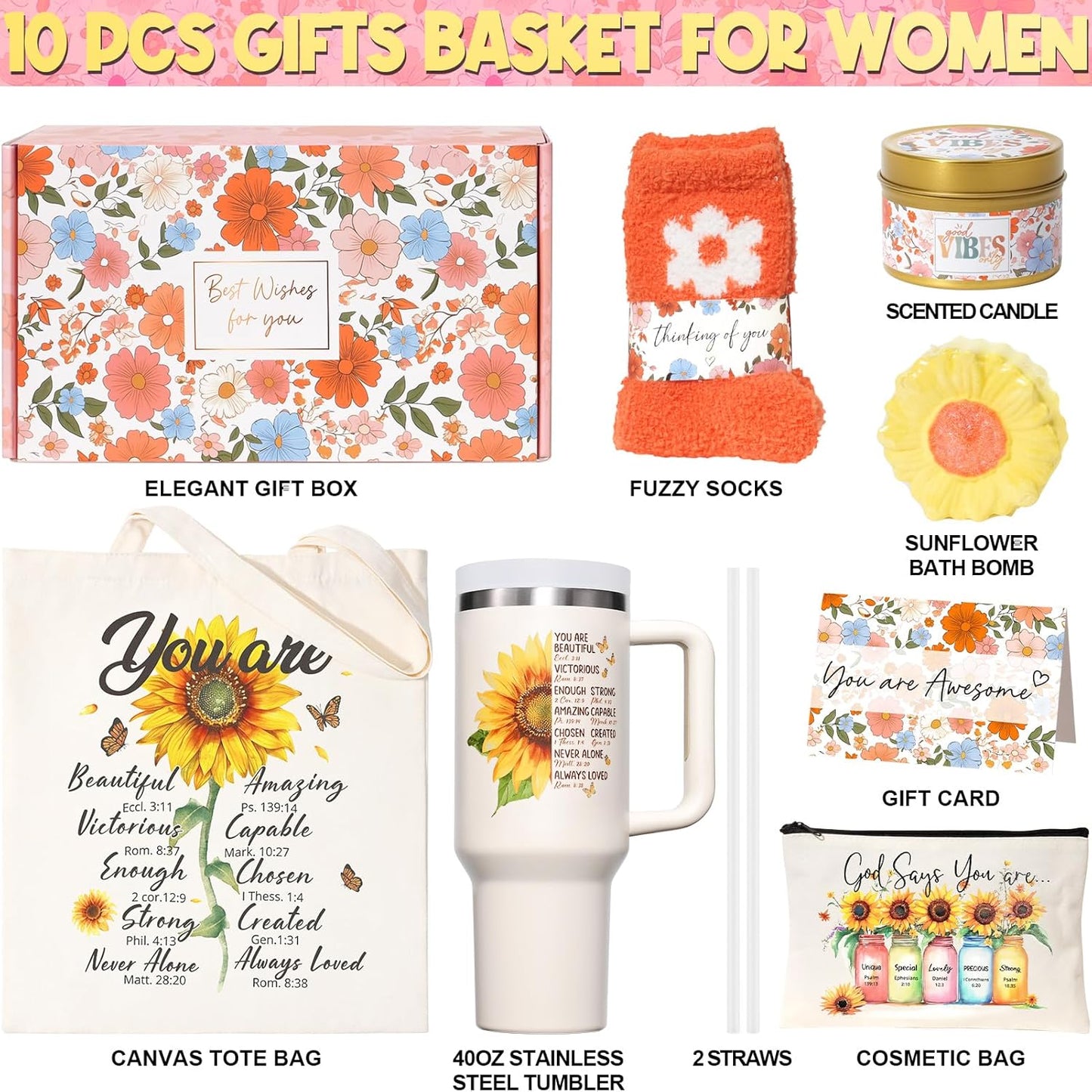 Christian Gifts for Women Faith, Religious Catholic Gifts for Women Mom Grandma Sister Coworker Inspirational Spiritual Sunflower Gifts Valentines Birthday Gift for Women with Makeup Bag 40 OZ Tumbler