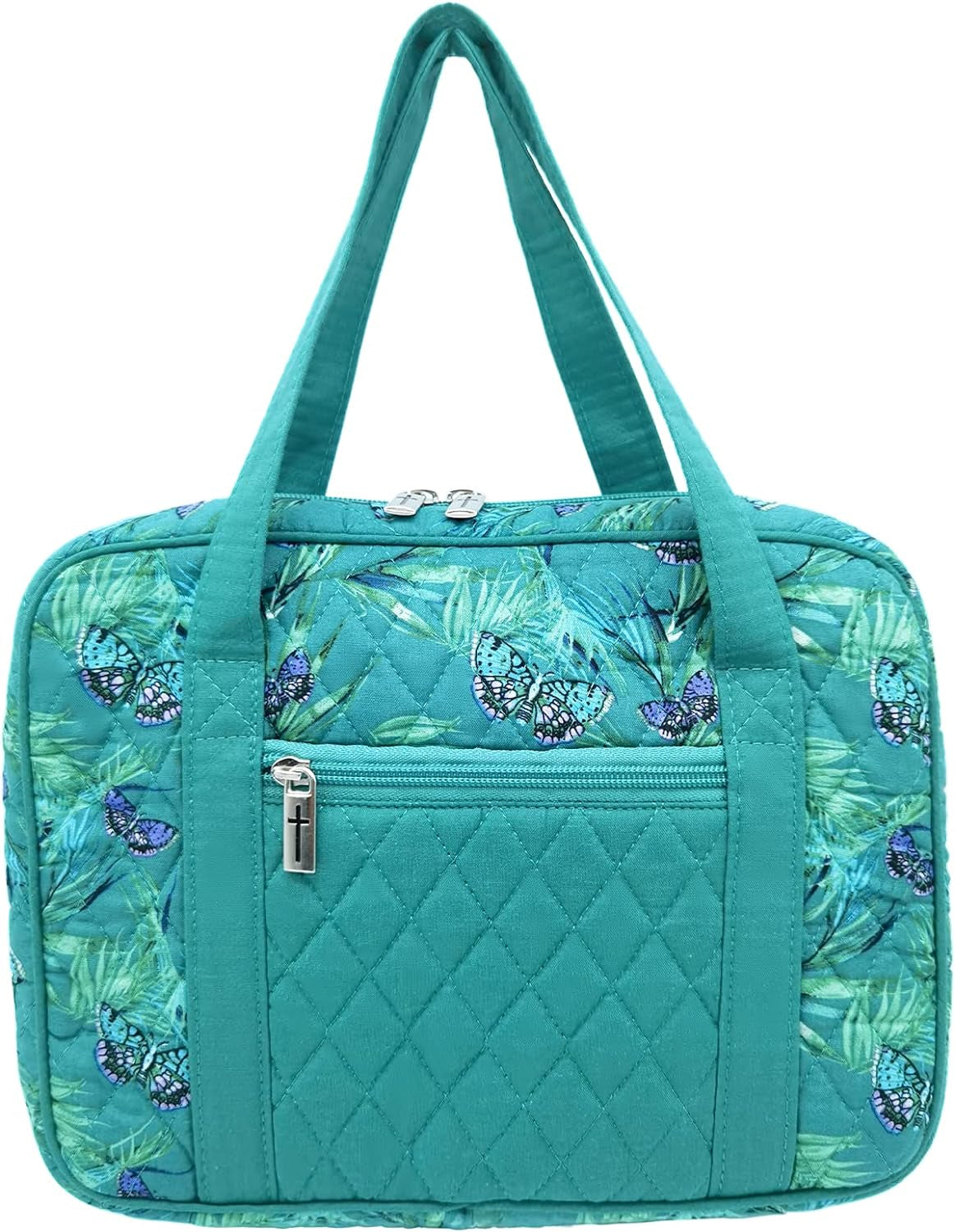 Quilted Bible Cover Extra Large Sizes 11.25 X 8.25 X 2.75 Inches Bible Tote Good Book Case Teal Color (XL,  Butterfly Green)