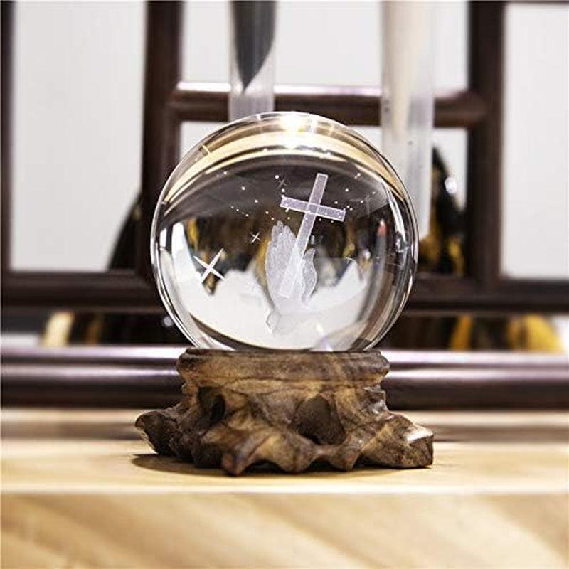 3D Cross Ball Crystal Paperweight Full Sphere Glass Fengshui with Woonden Base Praying Religious Gifts for Women, Christian Gifts for Friend Home Decorations(60Mm)