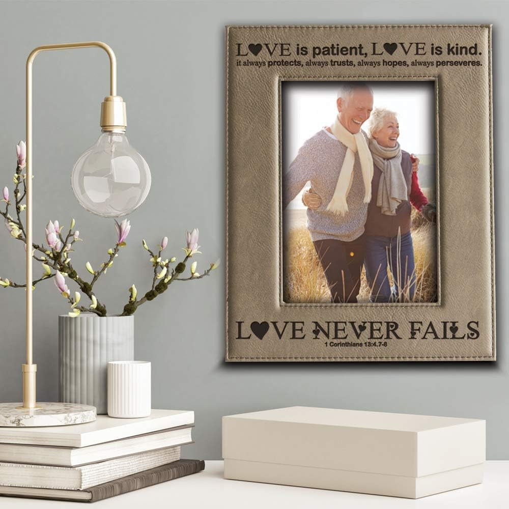 -Love Never Fails-1 Corinthians (Bible Verse)-Anniversary for Her,Him-Valentines Day- Engraved Leather Picture Frame (4 X 6 Vertical)