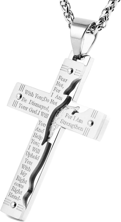 Men'S Stainless Steel Jesus Christ Crucifix Cross Lord'S Prayer Pendant Necklace