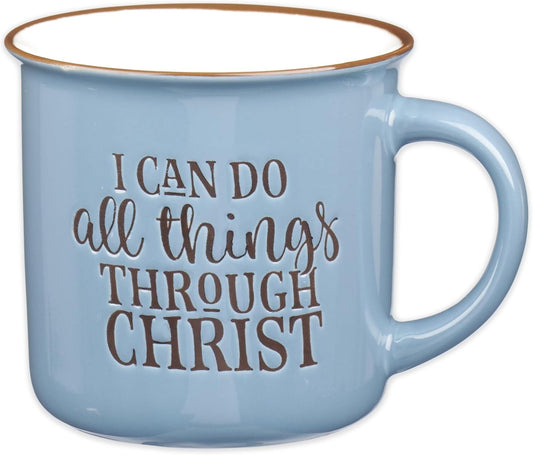 Blue Camp Style Ceramic Coffee Mug – 13 Oz. Microwave and Dishwasher Safe Inspirational Scripture Coffee & Tea Mug with Bible Verse: I Can Do All Things through Christ – Phil. 4:13