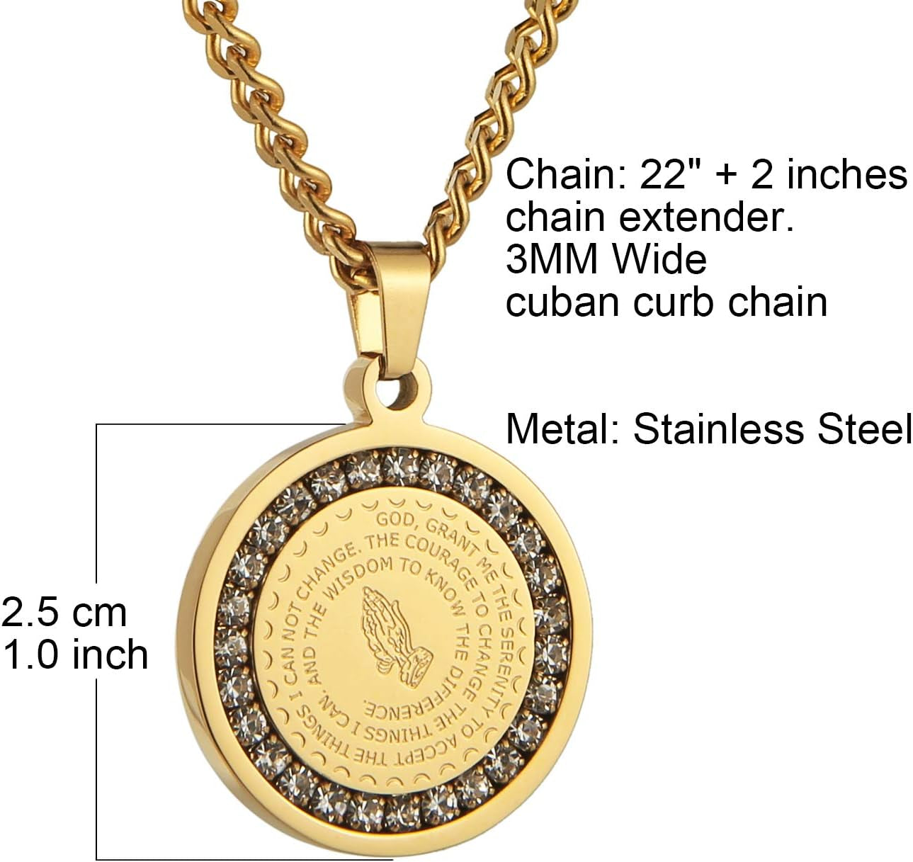 Bible Verse Prayer Necklace Christian Jewelry Gold Stainless Steel Praying Hands Coin Medal Pendant