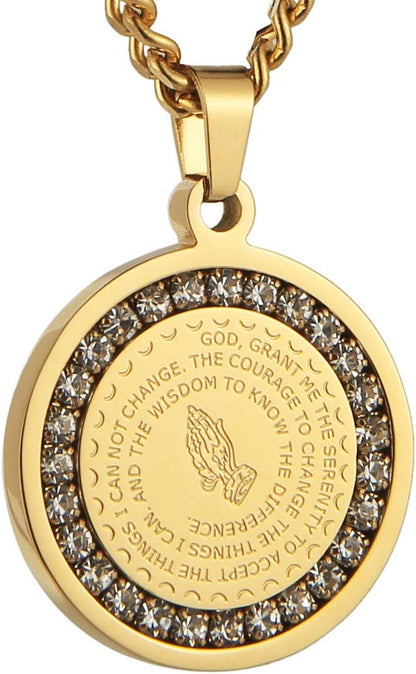 Bible Verse Prayer Necklace Christian Jewelry Gold Stainless Steel Praying Hands Coin Medal Pendant