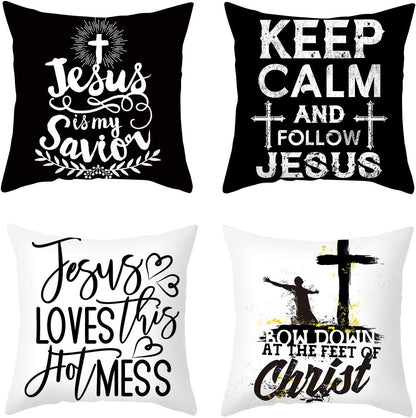 4 Pieces Christian Pillow Cover Bible Quote Jesus Throw Pillow Case Sofa Bed Couch Throw Cushion Cover Decoration (18" X 18")